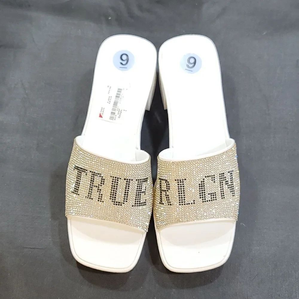 BRAND NEW TRUE RELIGION EMBELLISHMENTS BLOCK HEEL MULE  OPEN GLITTER SANDAL